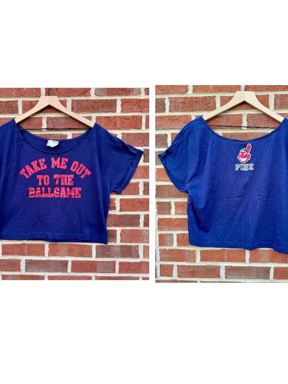 VTG VS PINK Cleveland Indians Crop Top Tee Chief Wahoo Vault Gameday Large Navy